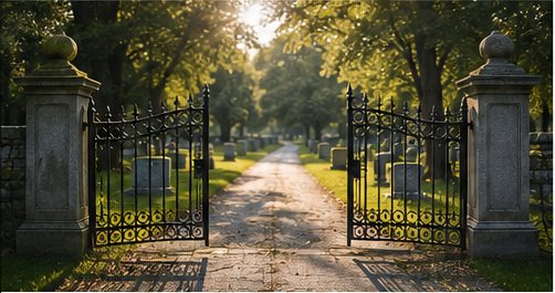Tree-lined cemetery entrance